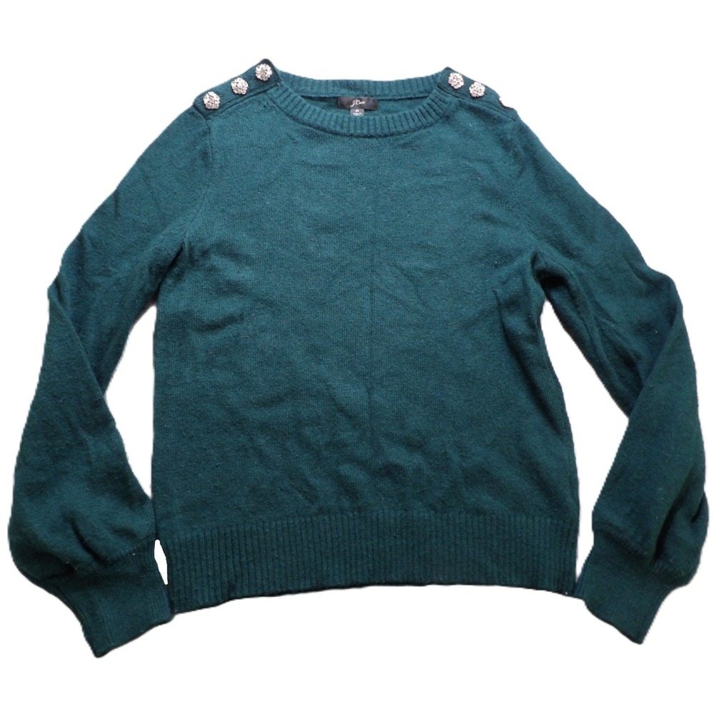 J.Crew Wool Blend Sweater Women M Green Crewneck Jeweled Shoulder Pullover Knit
